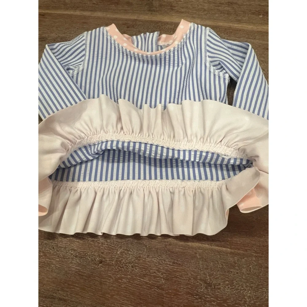 RuffleButts Toddler Girls Seersucker, Long Sleeve Swim Rash Guard Size 6-12 M